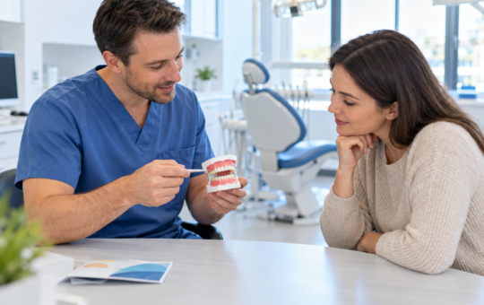 Dentist explaining care to a patient with a dental model